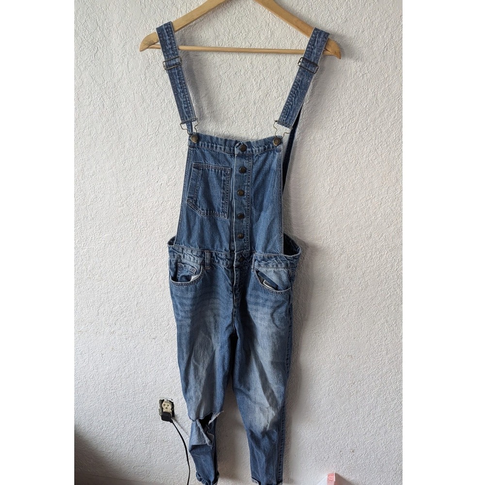 Life in Progress Blue Denim Distressed Button Front Overalls Womens Small